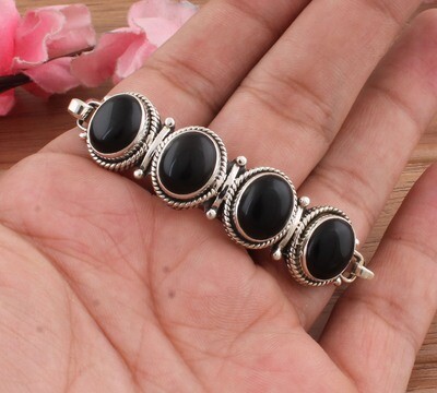 AAA+Quality Natural Black Onyx Gemstone Silver Bracelet | 925 Sterling Silver Bracelet | Bangle Oval Shape Bracelet | Wedding Jewelry | Bracelet For Women