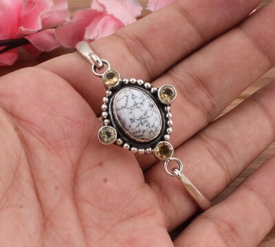 Beautiful Natural Dendrite Opal &amp; Citrine Gemstone Silver Bracelet | 925 Sterling Silver Bracelet | Opal Oval Shape Bangle Bracelet | Wedding Jewelry | Bracelet For Anniversary Gifts Him