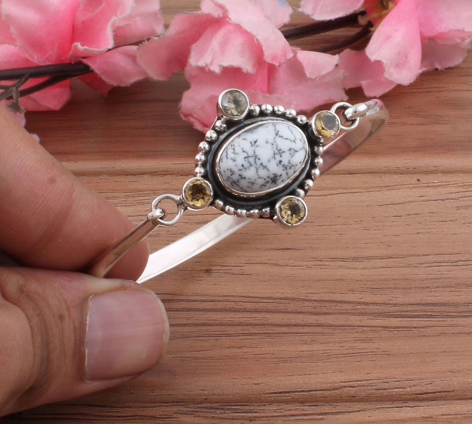 Beautiful Natural Dendrite Opal &amp; Citrine Gemstone Silver Bracelet | 925 Sterling Silver Bracelet | Opal Oval Shape Bangle Bracelet | Wedding Jewelry | Bracelet For Anniversary Gifts Him