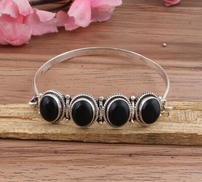 AAA+Quality Natural Black Onyx Gemstone Silver Bracelet | 925 Sterling Silver Bracelet | Bangle Oval Shape Bracelet | Wedding Jewelry | Bracelet For Women