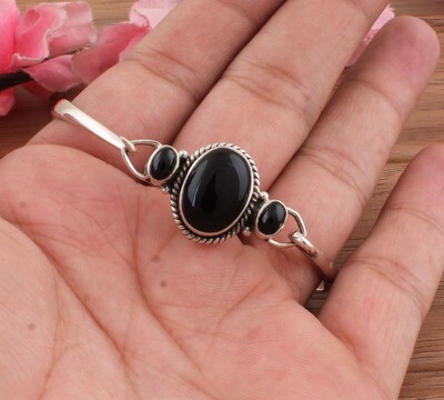 Beautiful Natural Black Onyx Gemstone Silver Bracelet | 925 Sterling Silver Bracelet | Three Stone Oval Shape Bangle Bracelet | Wedding Jewelry | Bracelet For Anniversary Gifts Her