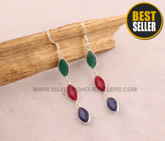 Emerald, Ruby &amp; Blue Sapphire Earrings - Bezel Set 925 Sterling Silver Earrings - Handmade Marquise Earrings - Women Jewelry - Gift For Her