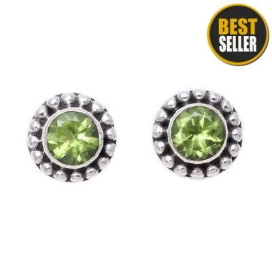 Green Peridot Faceted Gemstone Solid 925 Silver with Peridot Gemstone Handcrafted Facet Stone Boho Silver Earring Studs Gift For her