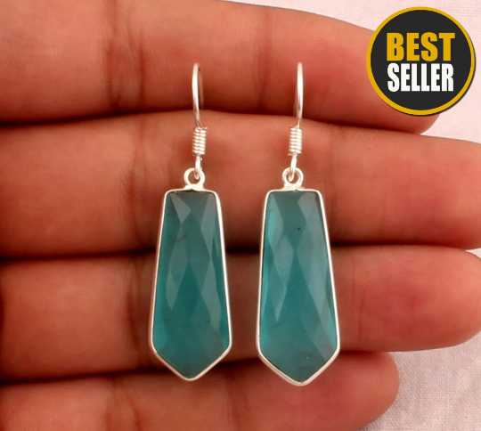 Bezel Set Aqua Blue Chalcedony Earrings - Faceted Gemstone Earrings - Handmade Earrings - Women Jewelry - Gift For Her