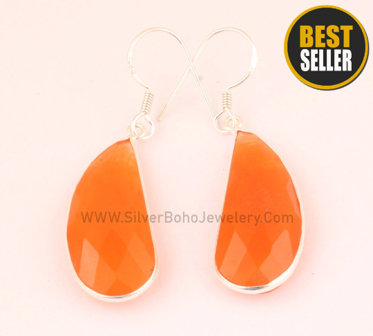Beautiful Orange Jade Earrings, 925-Solid Sterling Silver Top Quality Gemstone Dangle Dainty Earrings bridesmaid Gift item Bezel Set Earring