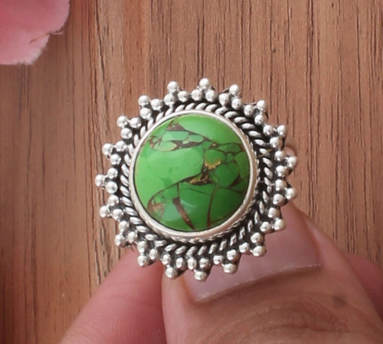 Amazing Green Copper Turquoise Solid 925 Sterling Silver Gemstone Ring - Round Shape Designer Ring - Handmade Jewelry - Women Weddings Gifts For Her