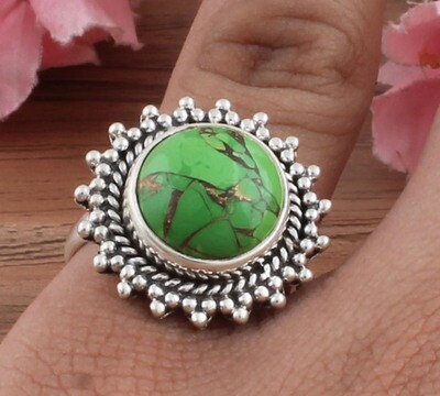 Amazing Green Copper Turquoise Solid 925 Sterling Silver Gemstone Ring - Round Shape Designer Ring - Handmade Jewelry - Women Weddings Gifts For Her