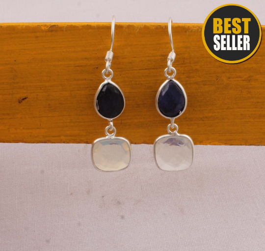 Combo Gemstone Earring Crystal+Blue Safayar Gemstone's Earring 925-Sterling Silver Earring Two Stone Earring One-Of-Kind-Item Gift Earring