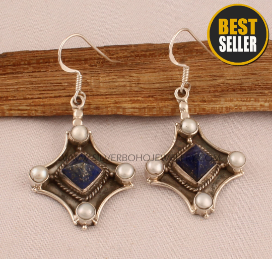 Natural Amazing Lapis AAA+Quality Gemstone Earring 925-Antique Silver Earring,Sterling Silver Earring Anniversary Gift Earring