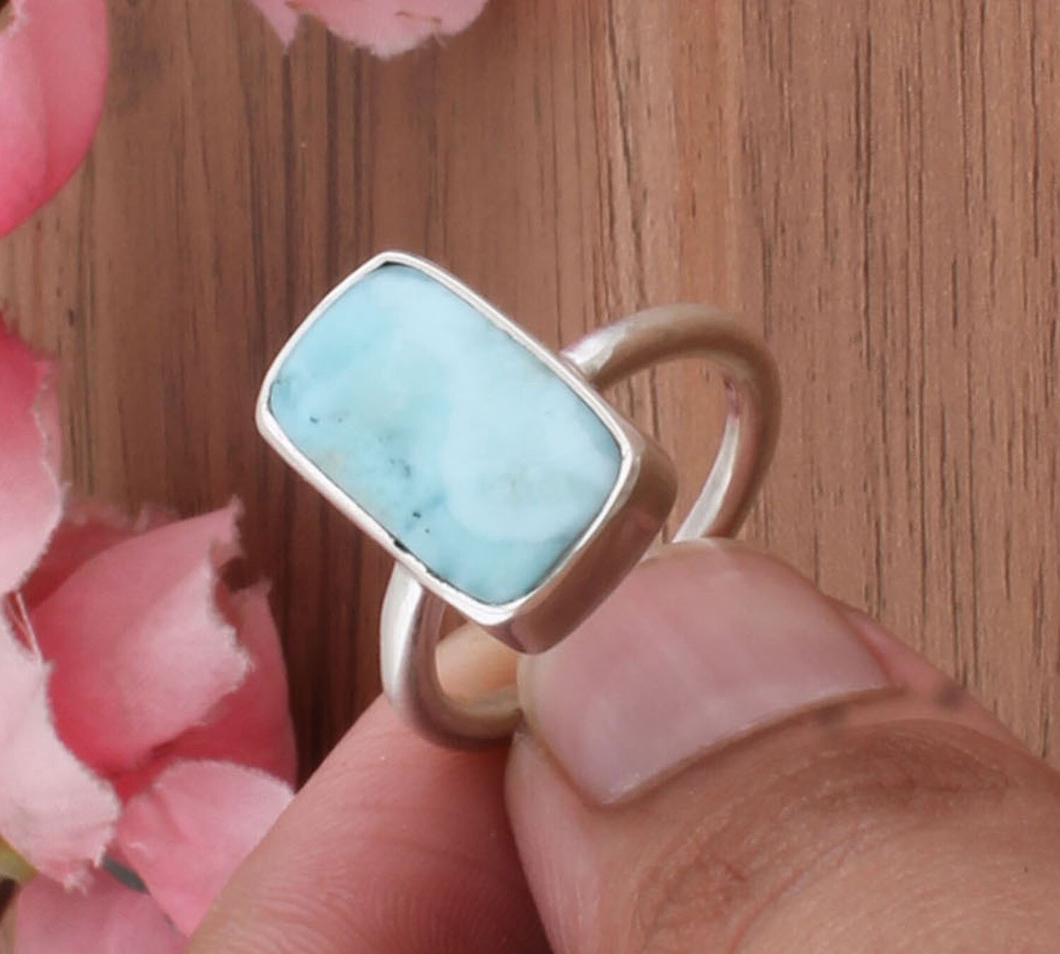 Amazing Natural Larimar Gemstone Ring- Cabochon Rectangle  Stone Boho Ring - 925 Antique Silver Ring,Engagement Ring - Middle Finger Ring For Waddings Gifts Her