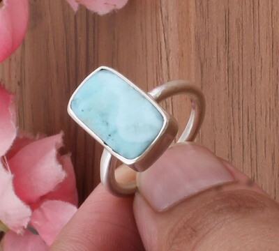 Amazing Natural Larimar Gemstone Ring- Cabochon Rectangle  Stone Boho Ring - 925 Antique Silver Ring,Engagement Ring - Middle Finger Ring For Waddings Gifts Her