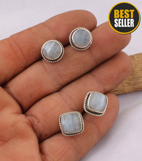 Blue less agate Top Quality Gemstone Earrings ,Studs Earrings,925-Sterling Silver Fashion Item Earrings Moonstone Studs Lot Earrings