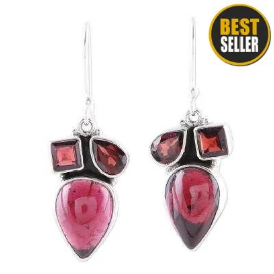 Natural Red Garnet Gemstone Handcrafted Earring Cabochon &amp; Cut Stone's Boho Earring,Antique Silver Earring Gift For Her