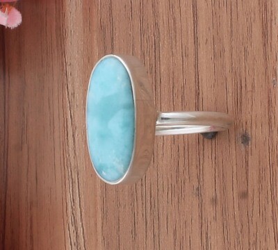 Beautiful Natural Larimar Gemstone Ring / 925 Sterling Silver Oval Shape Ring / Middle Finger Simple Plain Ring / Antique Silver Ring Engagement Ring Gifts For Him