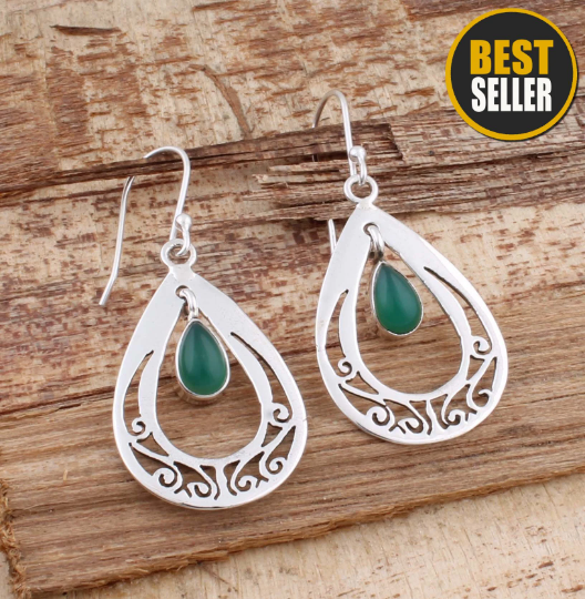 Natural Green Onyx Gemstone Handmade Earring Cabochon Pear Stone Boho Earring,Antique Silver Earring,Sterling Silver Earring
