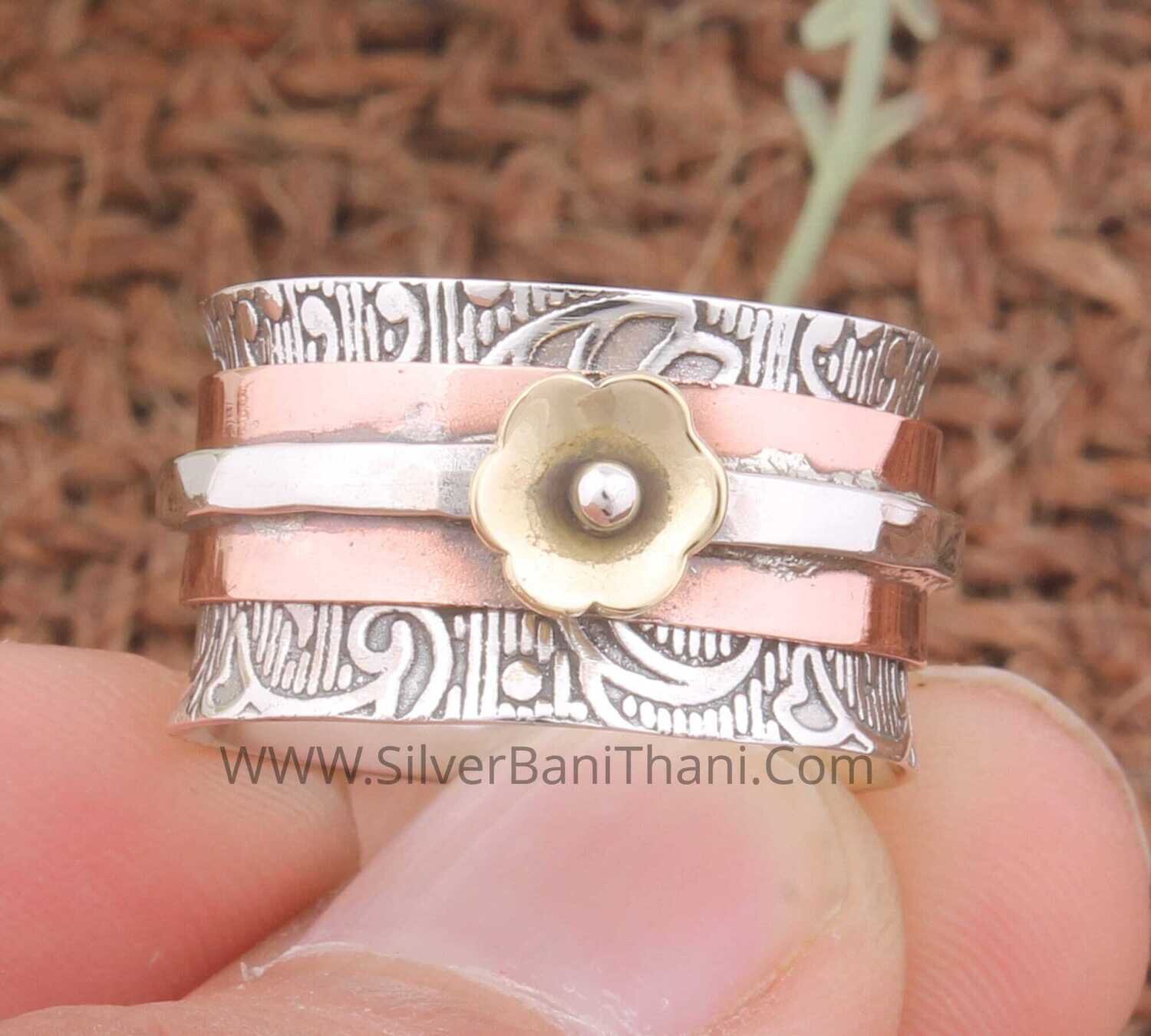 925 Sterling Silver &amp; Brass Carved Spinner Ring | Designer Flower Handmade Band Ring | Meditation Ring | Worry Ring | Thumb Ring | Boho Ring