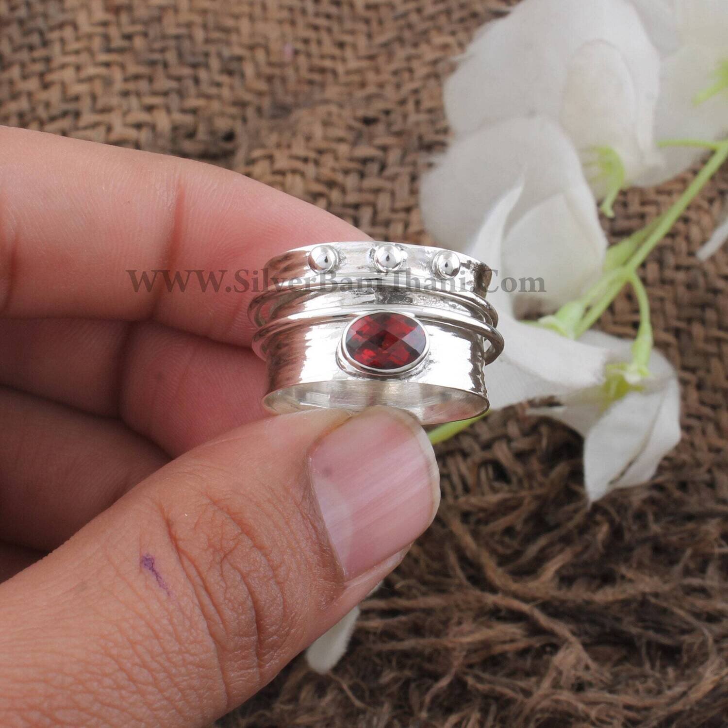 Natural Red Garnet Gemstone Silver Spinner Ring | 925 Sterling Silver Oval Shape Band Ring | Designer Handmade Jewelry | Thumb Ring Gift. |