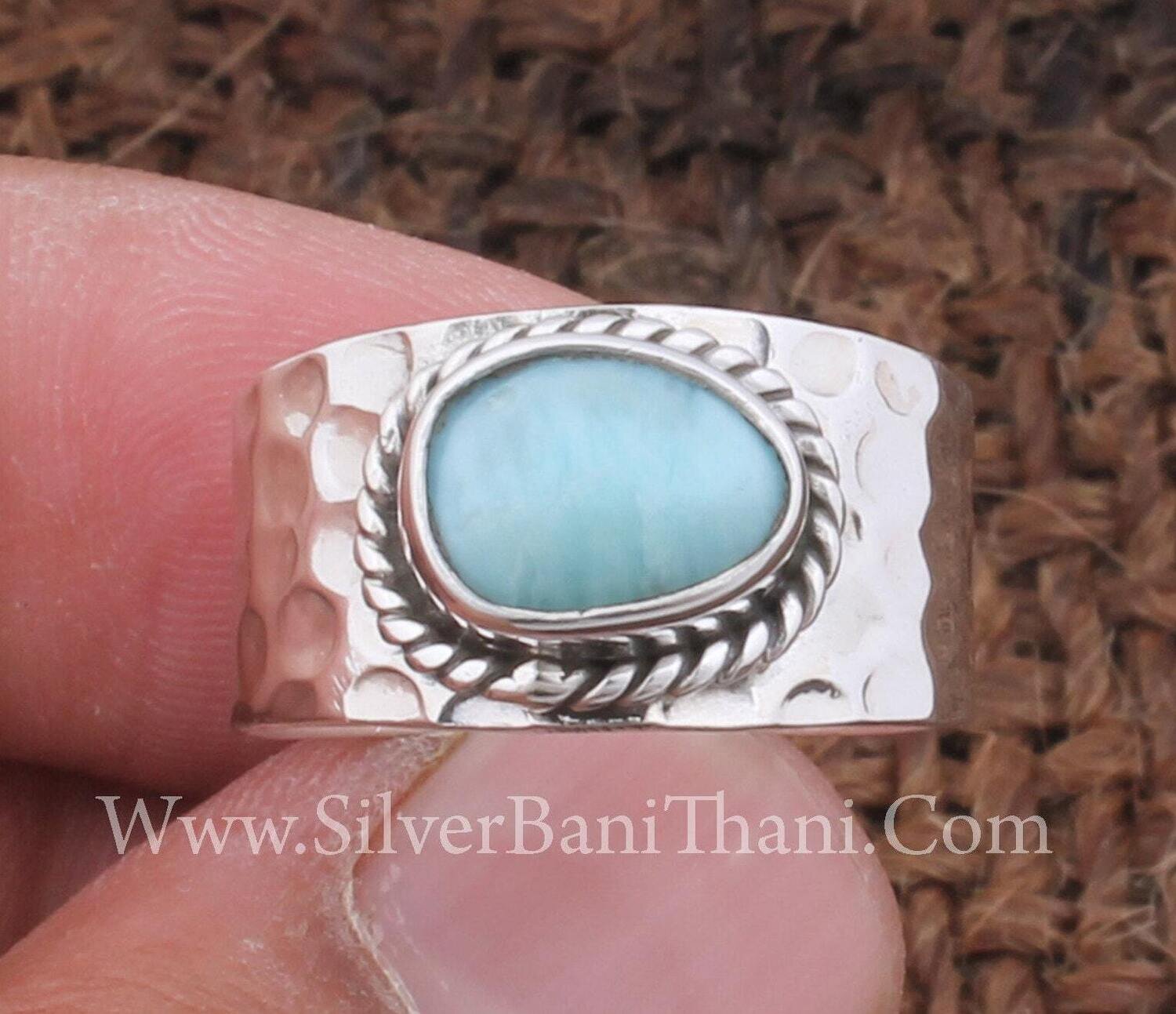 Larimar Ring-Solid Silver Ring 925 Sterling Silver Ring-Larimar Semi Precious Stone Ring-Middle Finger Cabochon Stone Ring-Engagement  Ring