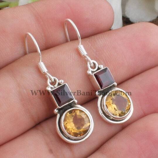 Combo Earring-Dainty Two Stone Earring-Solid Silver Earring-Semi Precious Cut Stone Earring-Handmade Earring-Labour Day Gift Earring-Etsy