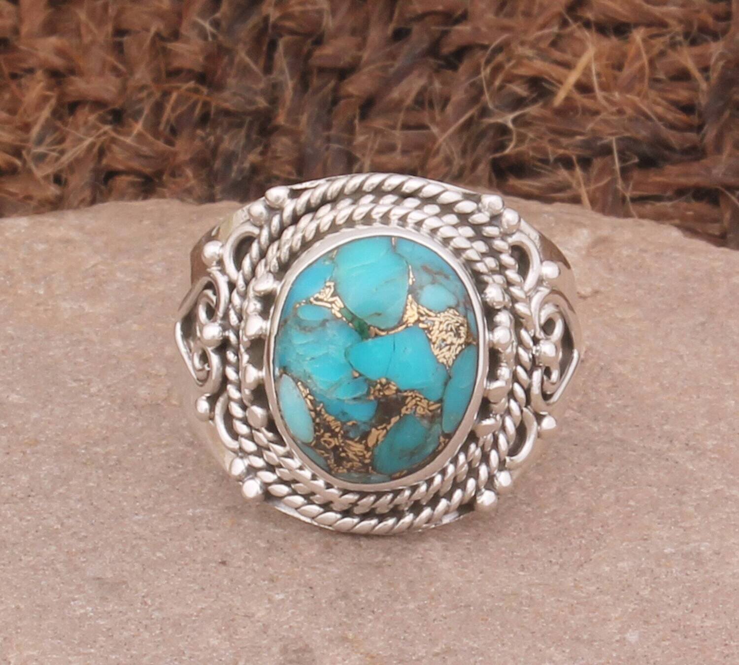 Designer Silver Blue Copper Turquoise Oval Shape Gemstone Silver Ring 925 Sterling Solid Silver Ring Handmade Silver Ring Gift For Women