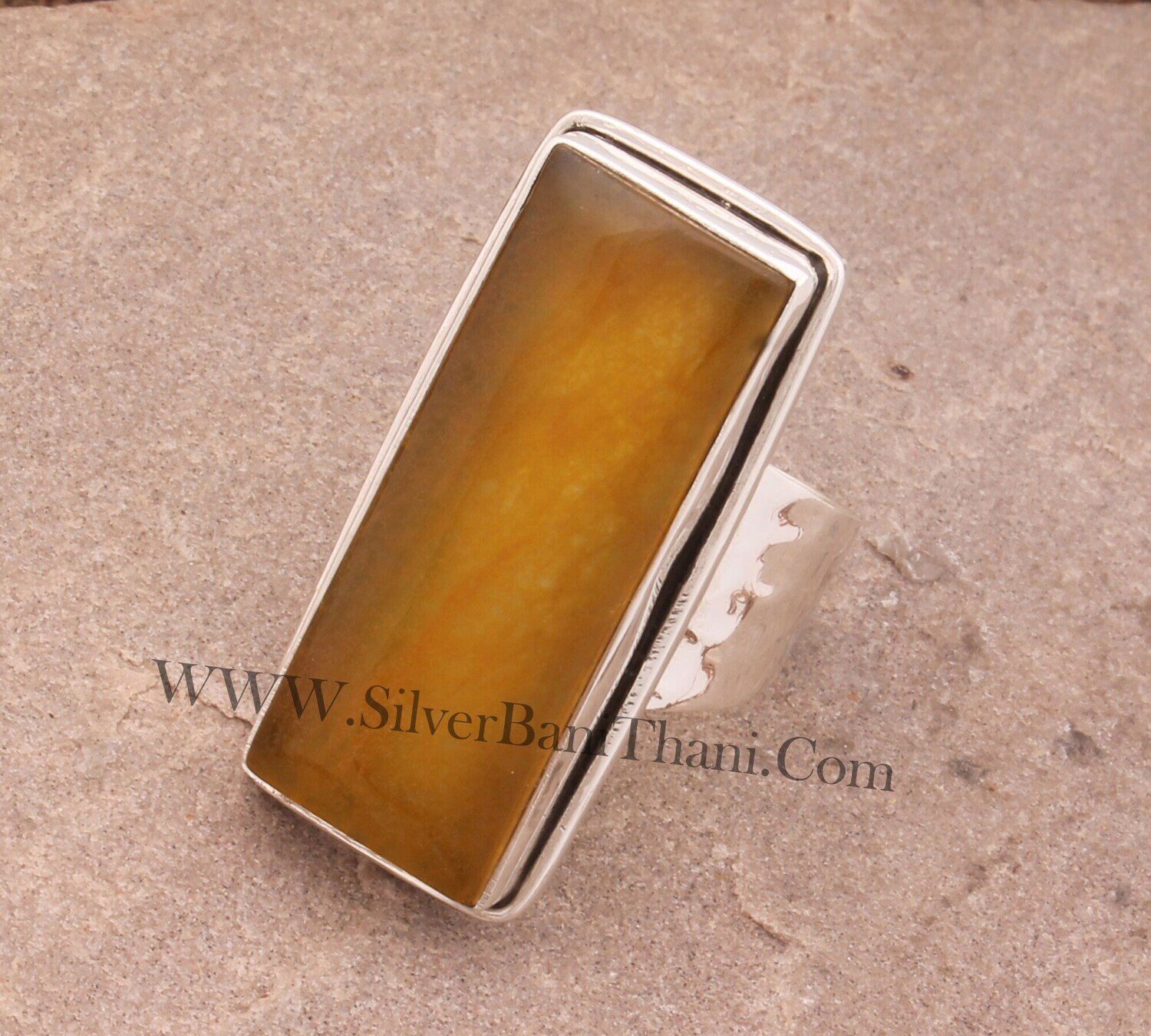 Sunset Yellow Jade Long Bar Gemstone Solid 925 Sterling Silver Ring For Women, Handmade Rectangle Textured Hammered Band Ring Gift For Her