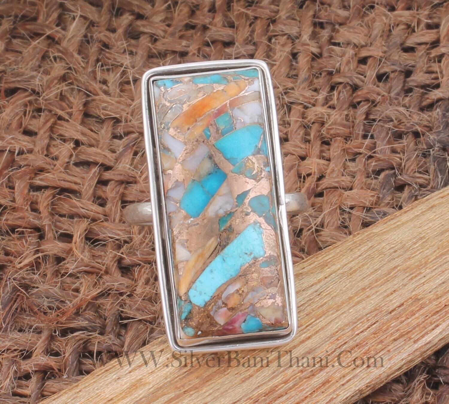 Oyster Copper Turquoise Solid 925 Sterling Silver Rectangle Bar Ring For Women | Handmade Bar Stone Ring For Wedding Anniversary Gift Idea