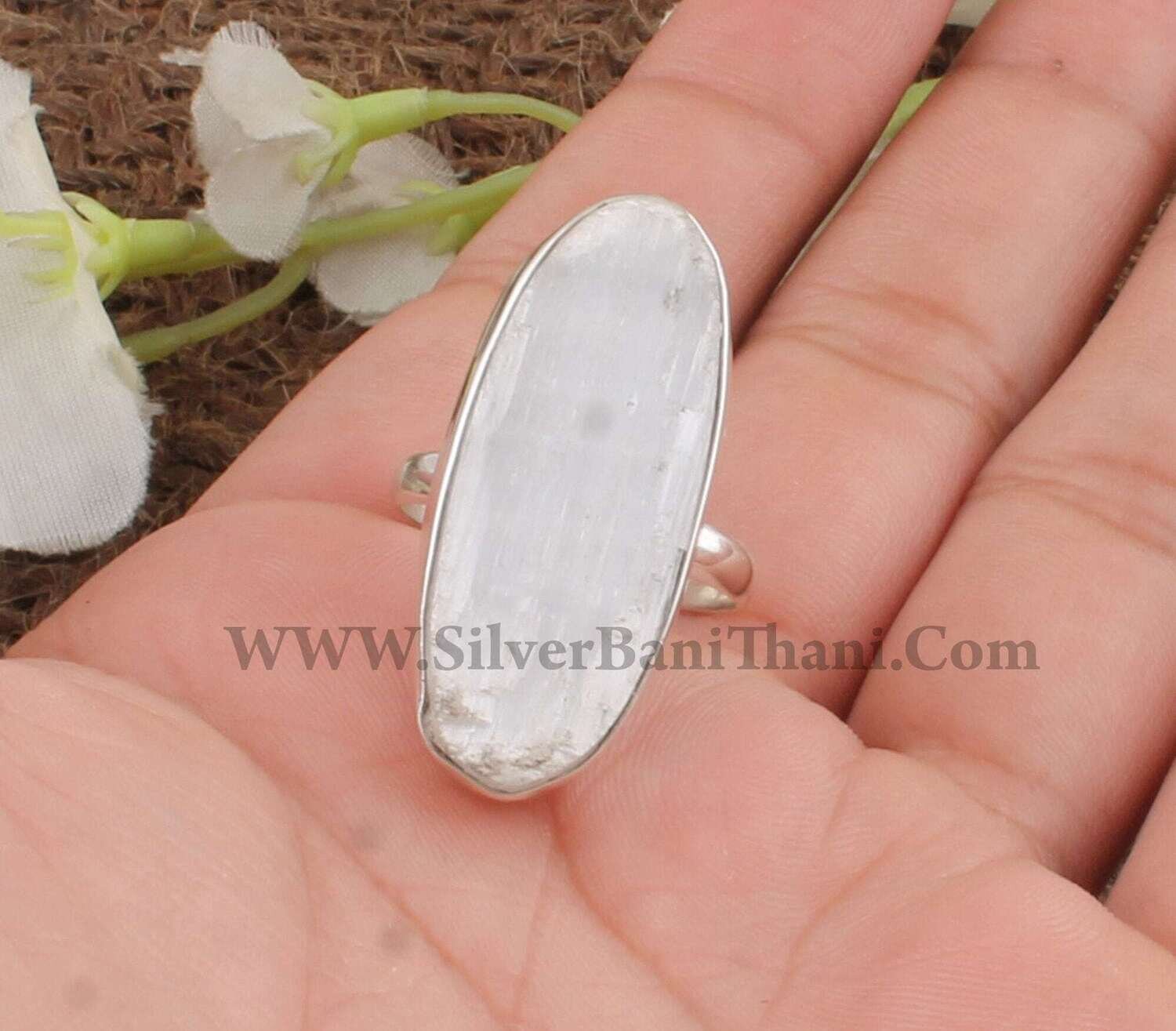 925 Sterling Silver Natural Selenite Gemstone Ring | Designer Oval Shape Stone Silver Ring | Handmade Wedding Jewelry | Present For Her Gift