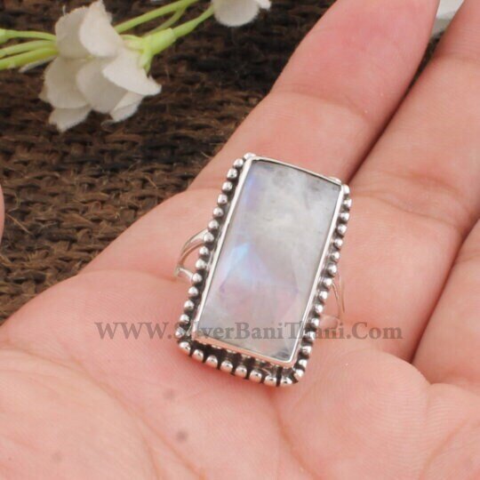 Rainbow Moonstone Ring-Rectangle Gemstone With Dots Design Silver Ring- Cabochon Stone Ring-Blue Fire Semi Precious Gemstone Ring-Christmas
