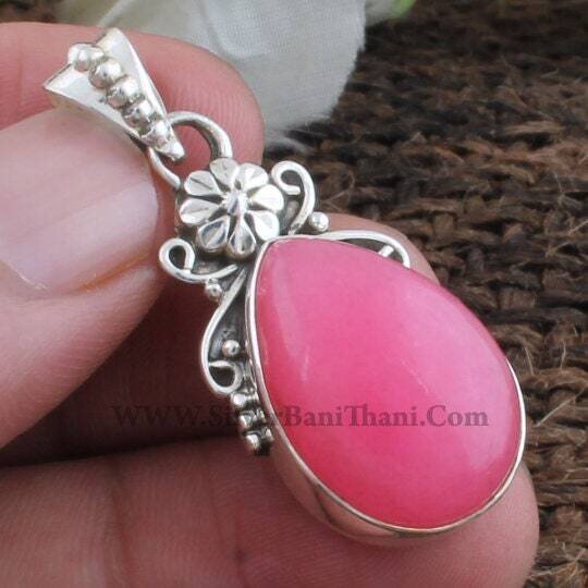 Pink Jade Pendant-Floral Design Silver Pendant-Pear Shape Stone Cabochon Pendant-Pink Stone Pendant-Boho Pendant-Labour Day Gift Pendant2022