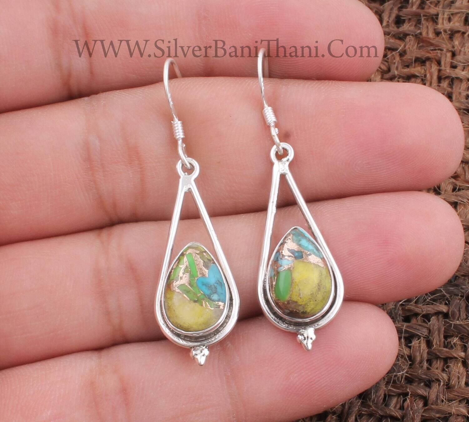Mix Copper Turquoise Silver Earrings | 925 Sterling Solid Silver Earrings | Designer Pear Gemstone Earrings | Handmade Women Earring Gift
