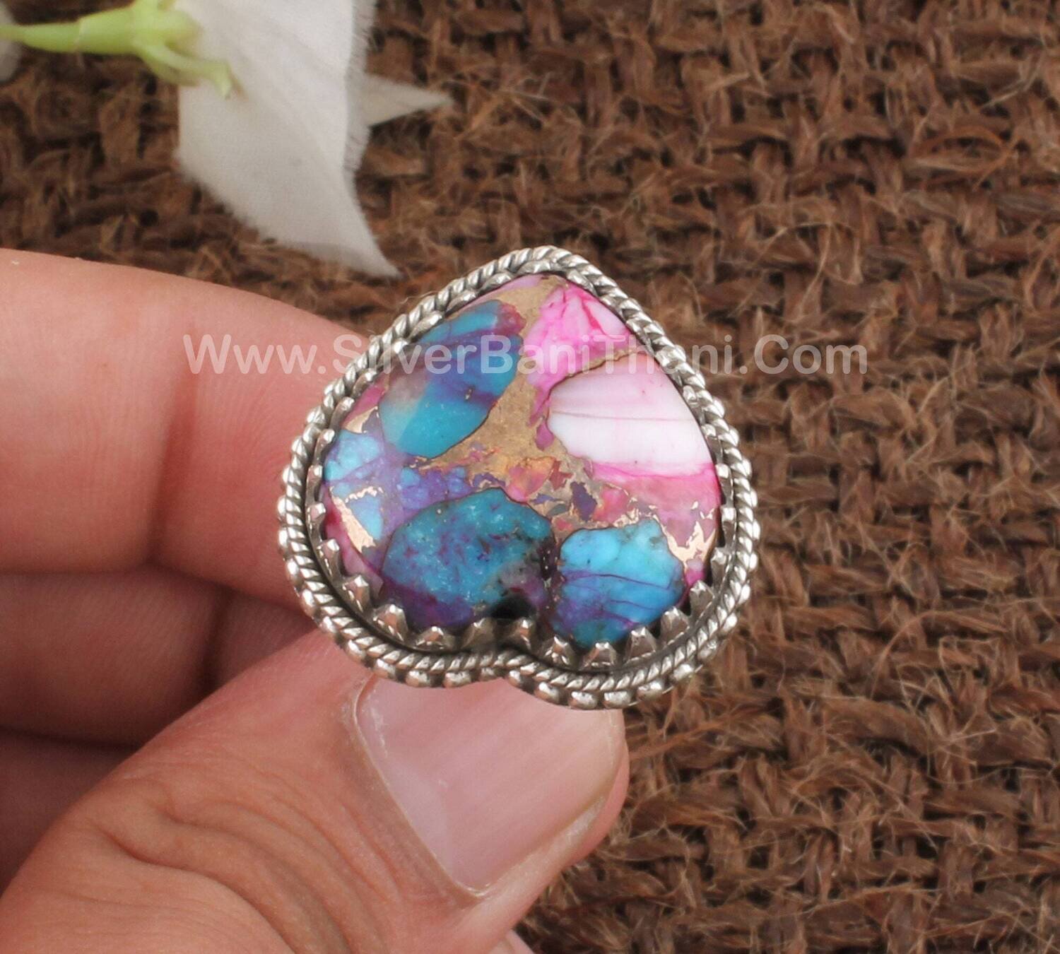 Hammered Pink Copper Turquoise Heart Gemstone Silver Band Ring | 925 Sterling Silver Love Heart Ring | Handmade Silver Jewelry For Women2022