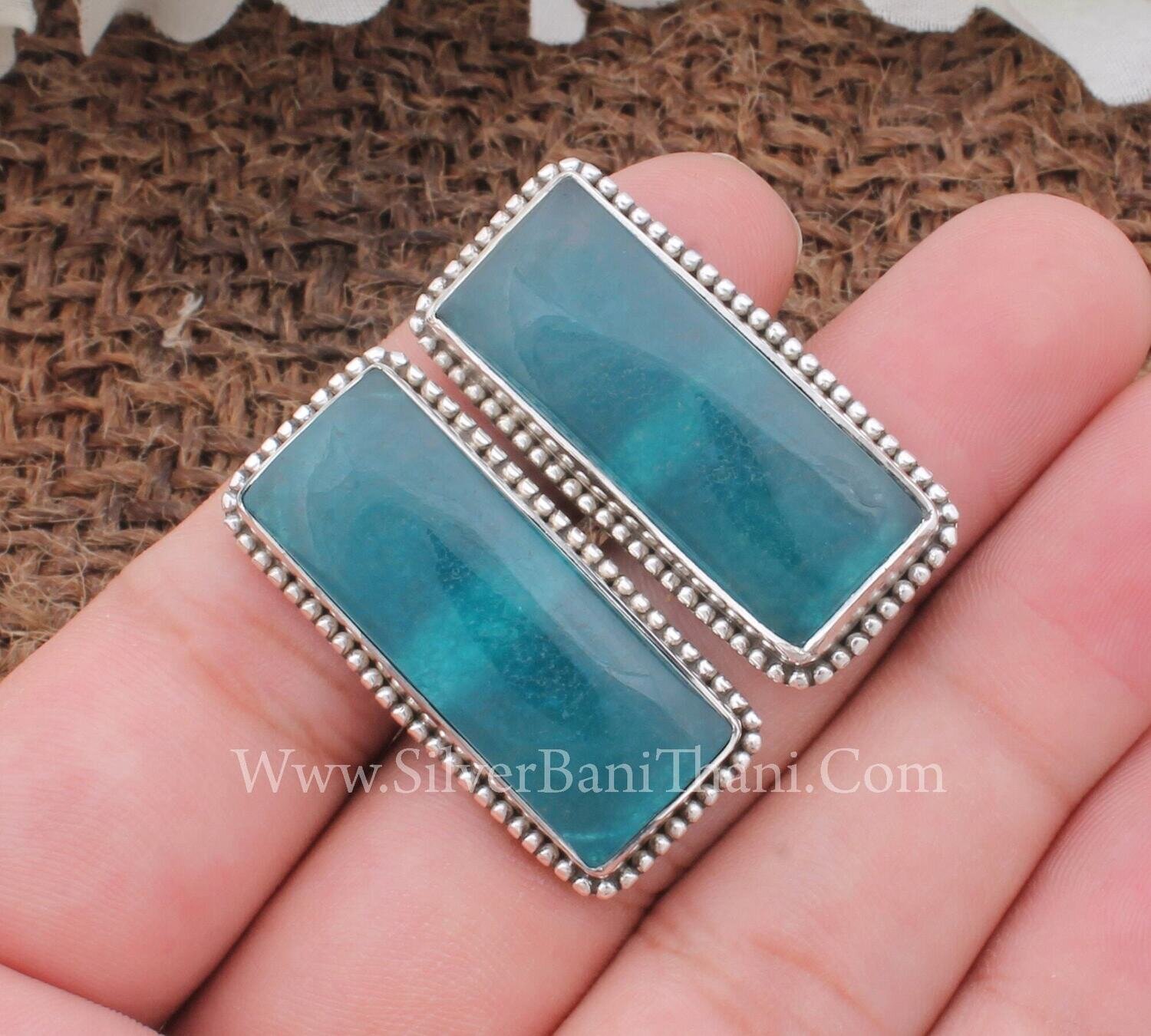 Men's Blue Apatite Jade Cufflinks Jewelry Solid 925 Sterling Silver Cufflink For Men's Handmade Bar Stone Silver Jewelry Birthday Ring Gift