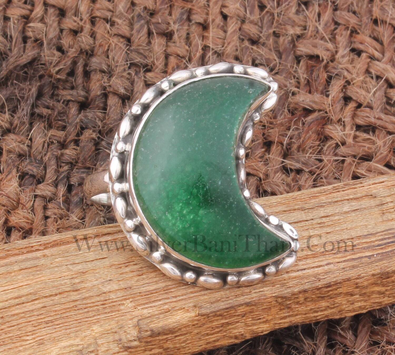 Green Jade Gemstone Silver Ring | 925 Sterling Silver Smooth Gemstone Ring | Handmade Crescent Moon Shape Silver Ring | Valentine's day Gift
