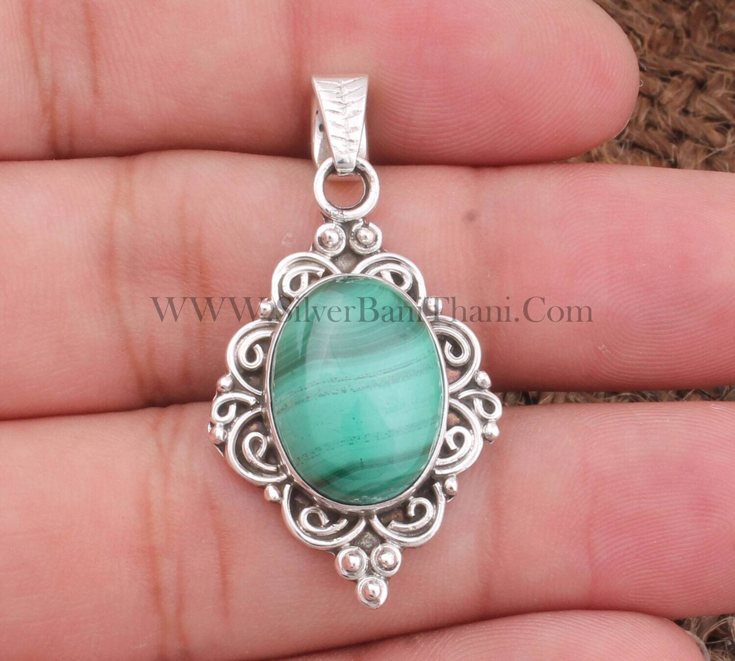 Malachite Gemstone Necklace, AAA+Quality, Sterling Silver, Antique, Green Stone, Pendant For Women, Authentic, Unique,Christmas gift
