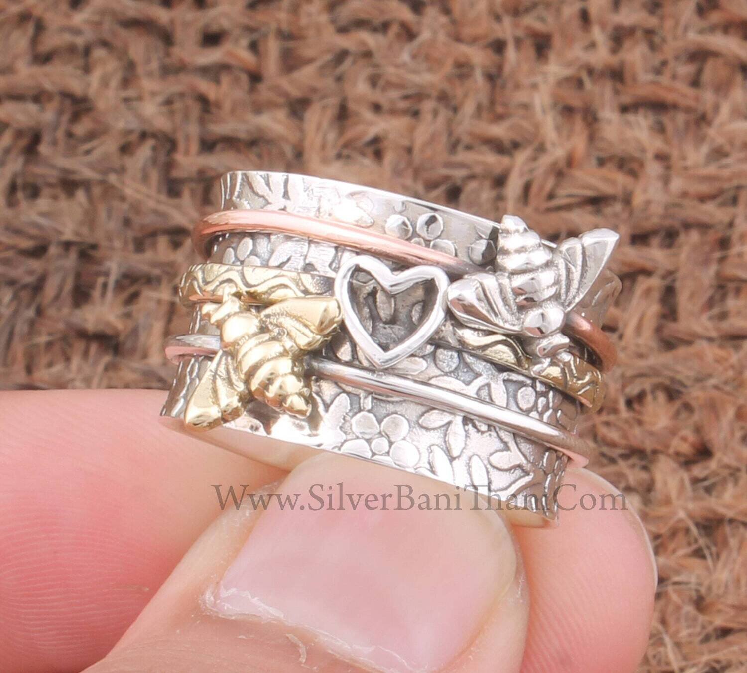 Love Bird Hand Carved Band Three Tone Spinner Ring 925 Sterling Silver &amp; Brass Heart Worry Jewelry Present For Her Honey Bee Thumb Ring Gift
