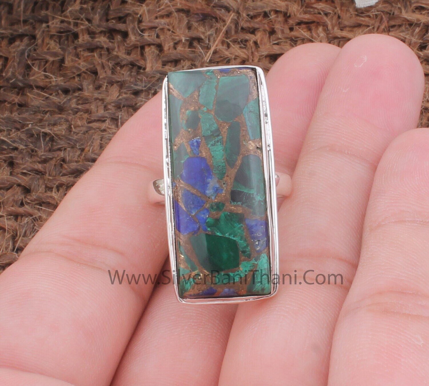 Malachite &amp; Lapis Lazuli Mix Copper Rectangle Gemstone Ring | 925 Sterling Solid Silver Gemstone Ring | Handmade Silver Women Jewelry Gift
