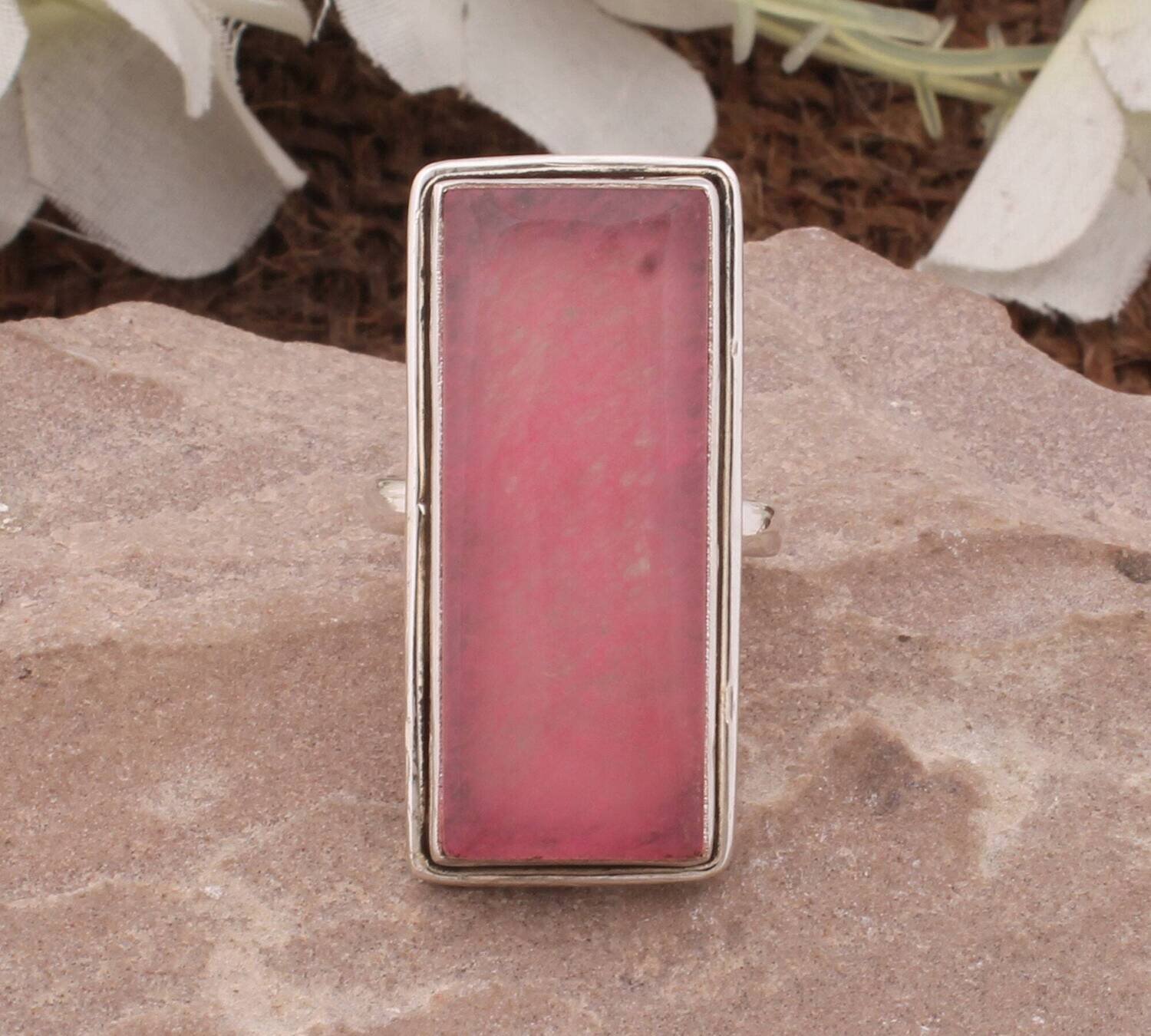 Pink Jade Long Bar Gemstone Silver Ring Solid 925 Sterling Silver Ring For Women Handmade Rectangle Gemstone Band Ring Gifts Idea For Her