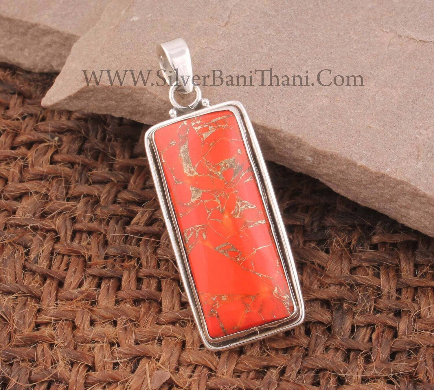 Red Copper Turquoise Gemstone Pendant | 925 Sterling Silver Rectangle Gemstone Pendant | Designer Handmade Bar Pendant | Girl Gift Jewelry