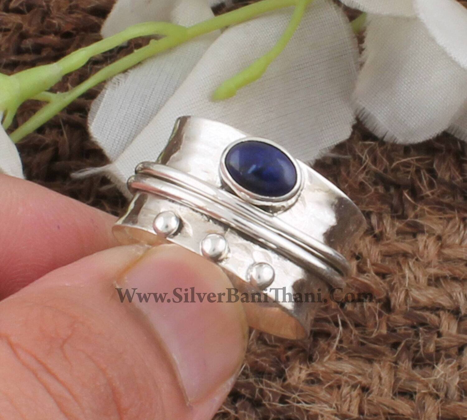 Lapis Lazuli Silver Spinner Ring | 925 Sterling Silver Lapis Oval Stone Spin Ring | Designer Hand Carved Spinner Ring Gift For Her