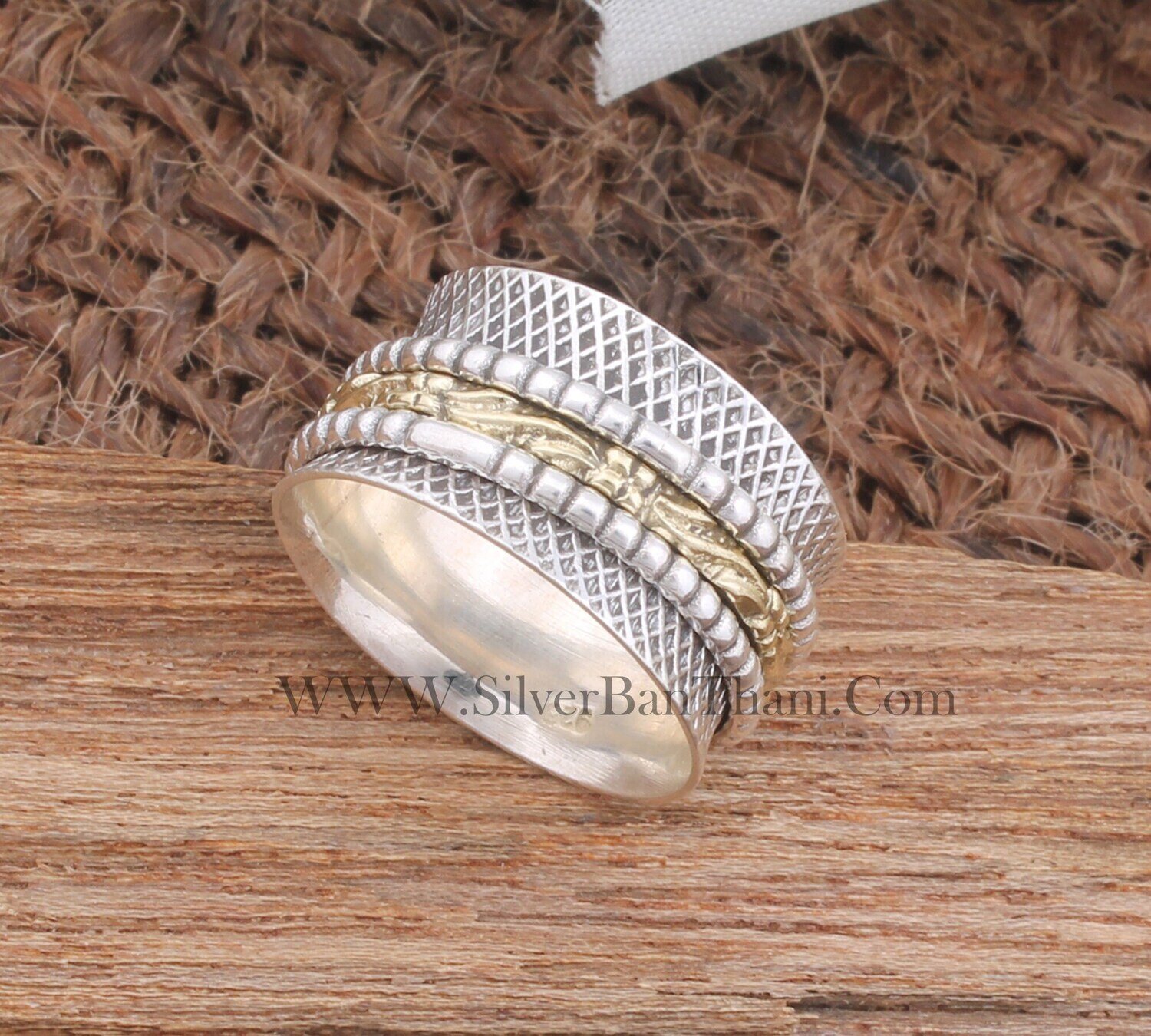 Amazing 925 Sterling Silver &amp; Brass Carved Spinner Ring | Designer Handmade Antiqued Silver Meditation Ring | Women Wedding Jewelry | Gift For Her