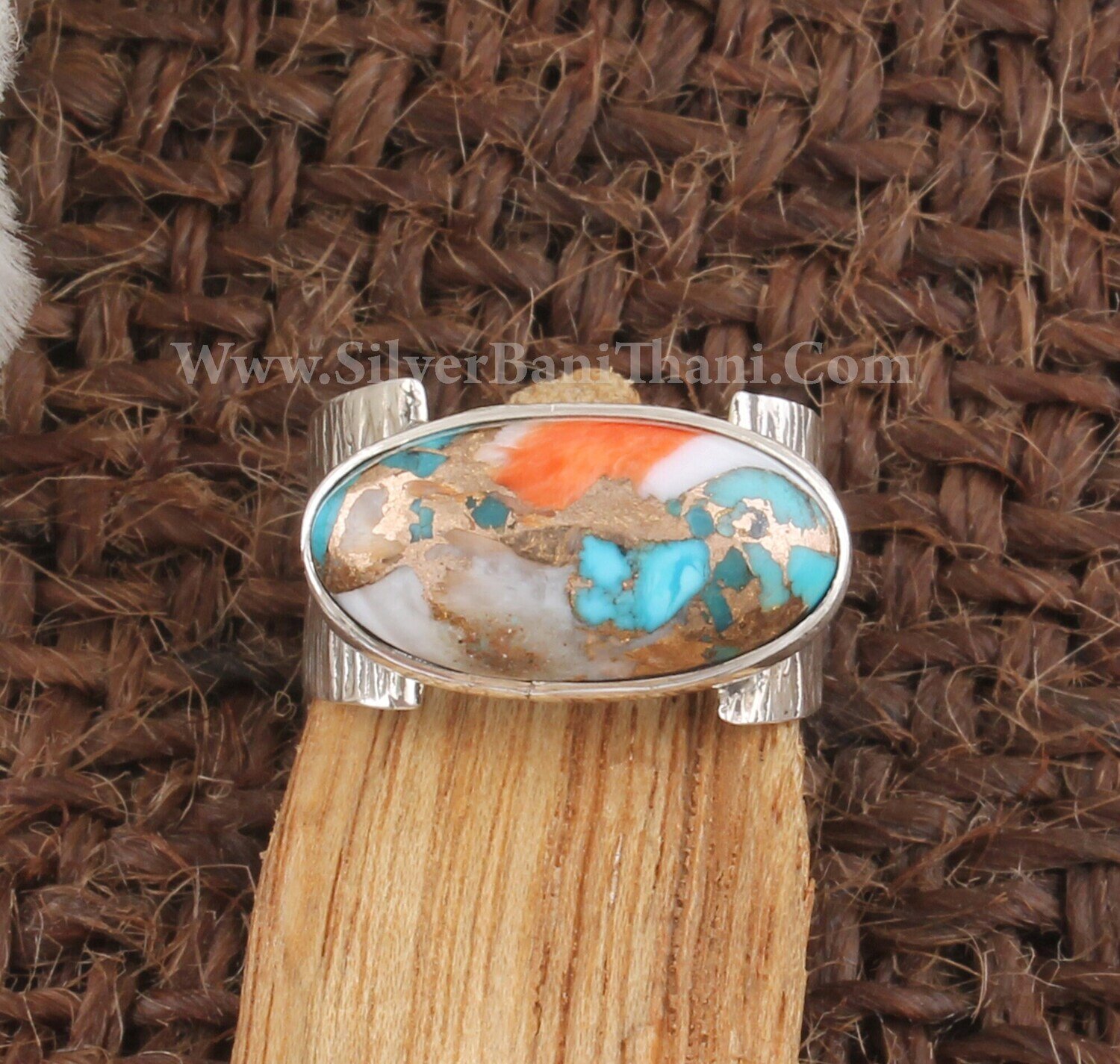 Oyster Copper Turquoise Gemstone Silver Band Ring | 925 Sterling Silver &amp; Brass Band Ring | Designer Hand Carved Band Ring | Wedding Jewelry
