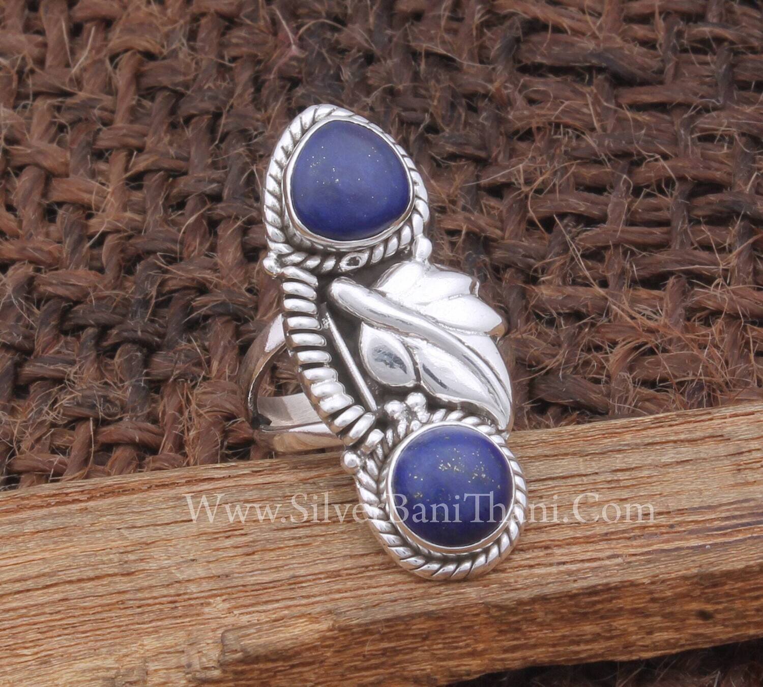 Silver Leaf Lapis Lazuli Two Gemstone Silver Ring 925 Sterling Silver Ring Handmade Bridal Jewelry Twisted Wire Women Jewelry For Gift Idea
