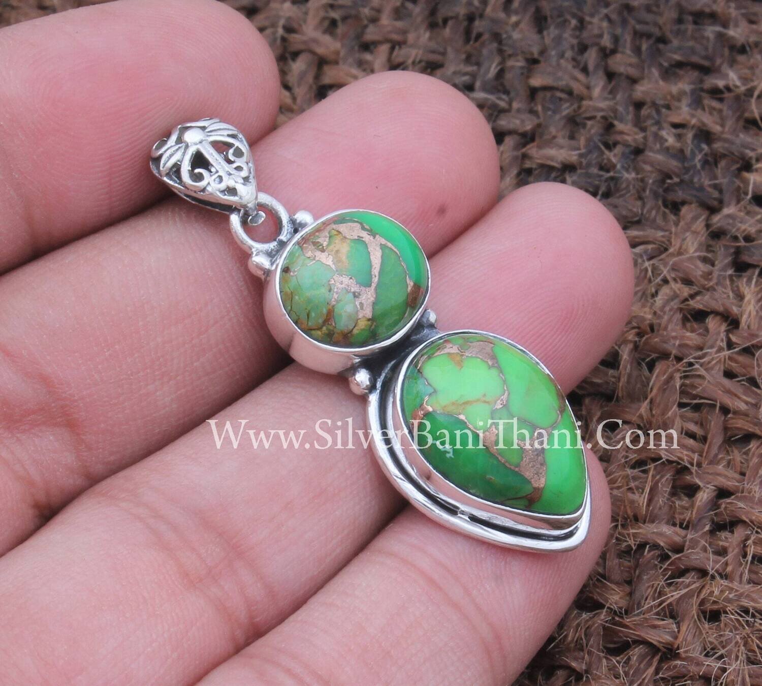 Green Copper Turquoise Gemstone Pendant 925 Sterling Silver Gemstone Pendant Designer Tow Stone Handmade Pendant Girls Gift Women Jewelry