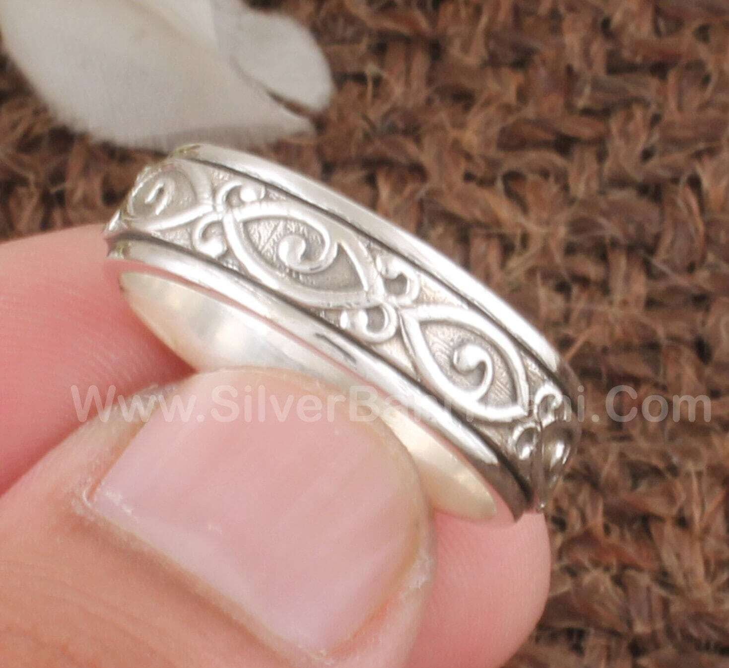 925 Sterling Silver Hand Carved Spinner Ring | Designer Handmade Silver Meditation Ring | Oxidized Silver Ring | Fidget Ring Gift For Women
