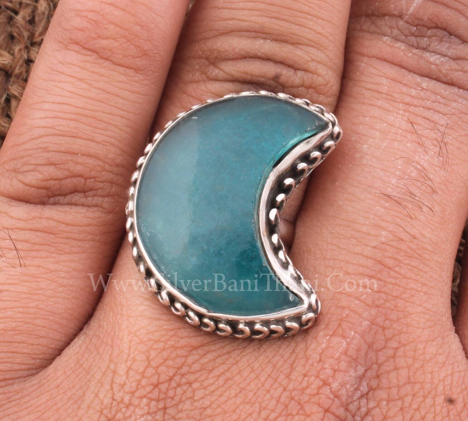 Blue Jade Gemstone Silver Ring | 925 Sterling Silver Smooth Stone Ring | Handmade Crescent Moon Shape Gemstone Ring | Present For Her Gift
