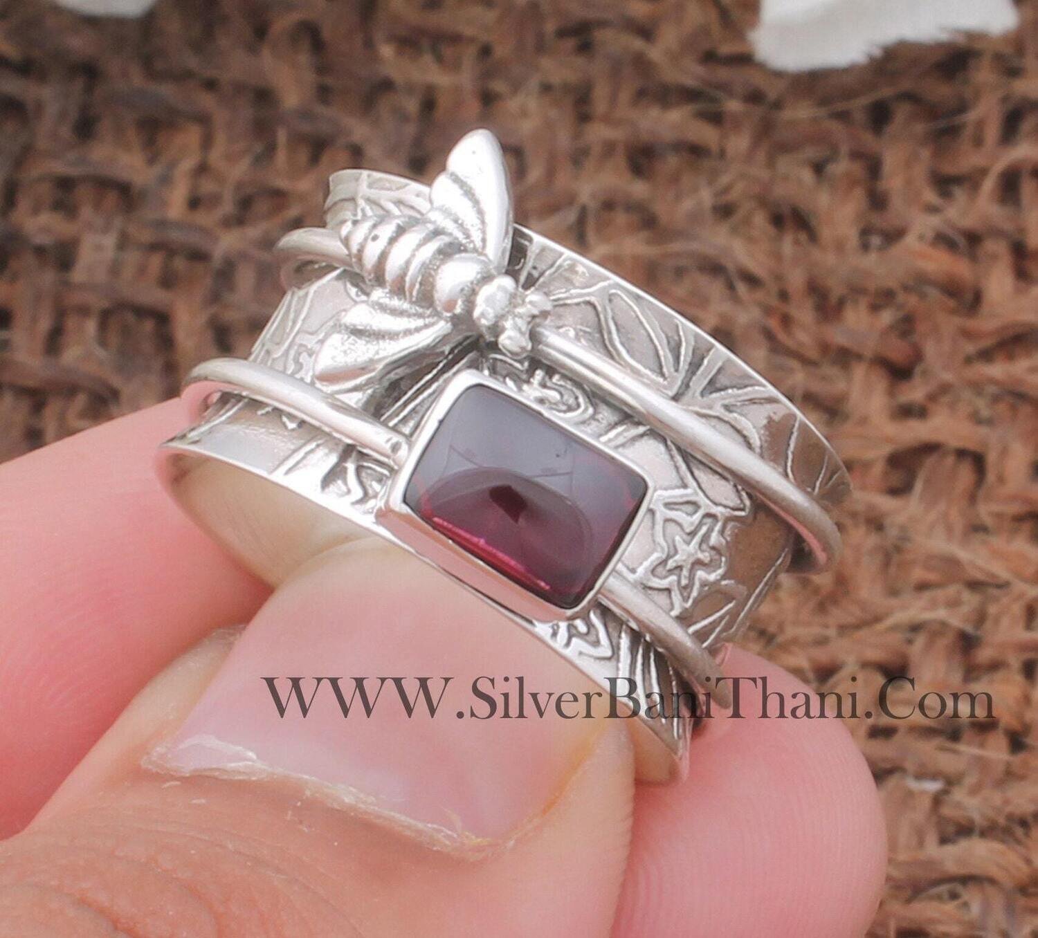 Honey Bee Garnet Solid 925 Sterling Silver BirthStone Spinner Ring Handmade Bee Anxiety Finger Semi Preciues stone Gemstone Birthstone Gift