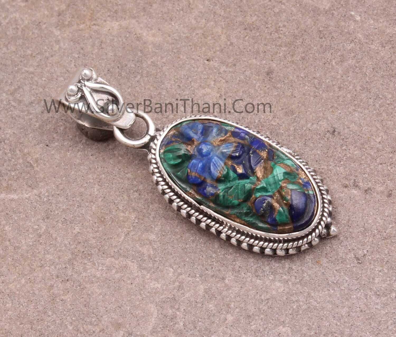 Malachite &amp; Lapis Lazuli Mix Copper Gemstone Pendant | 925 Sterling Silver Solid Pendant | Designer Handmade Flower Carving Gemstone Pendant