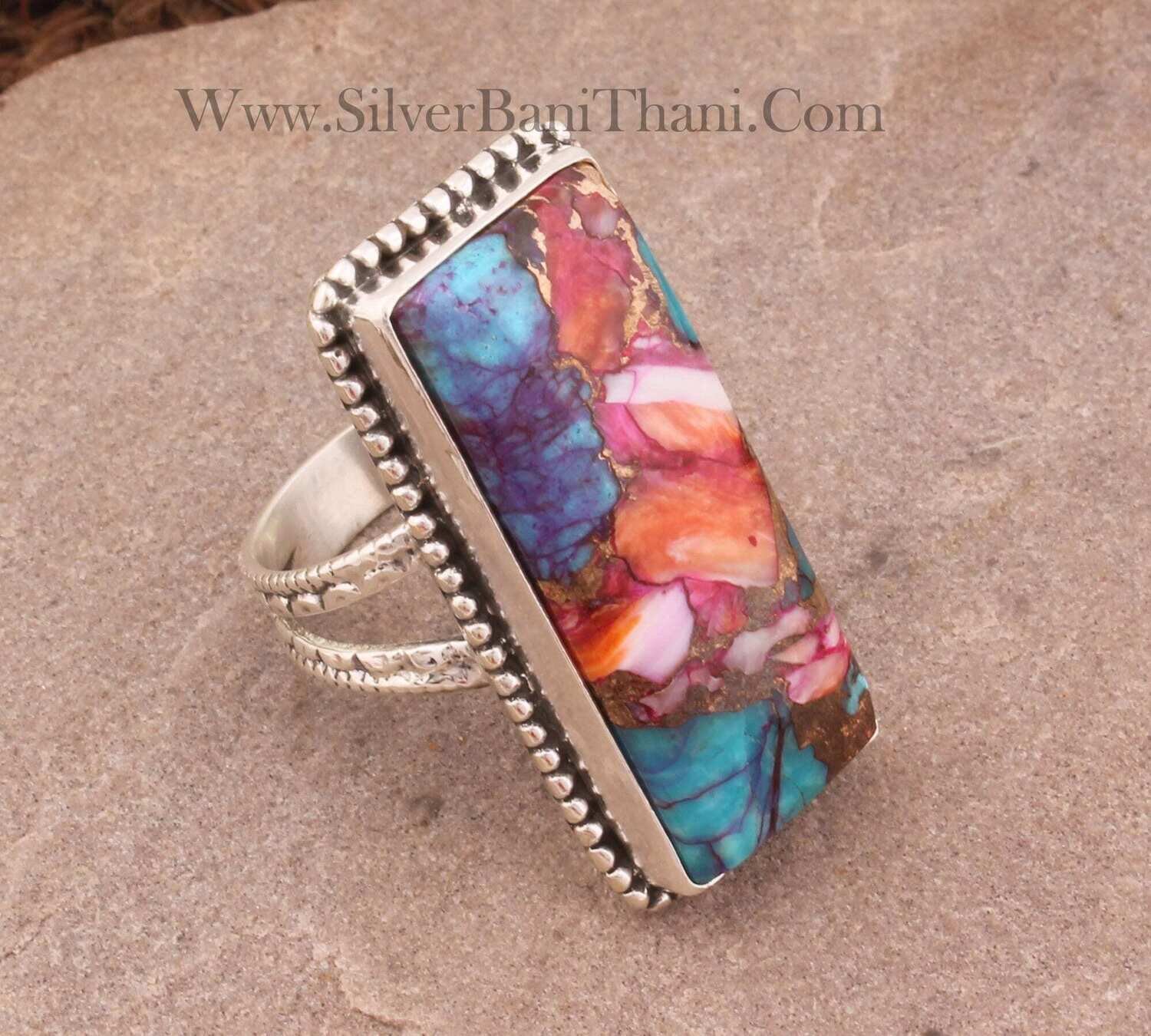 Layer Mix Spiny Copper Turquoise Rectangle Shape Gemstone Silver Ring | 925 Sterling Solid Silver Ring | Handmade Wedding Jewelry Women Gifts Idea