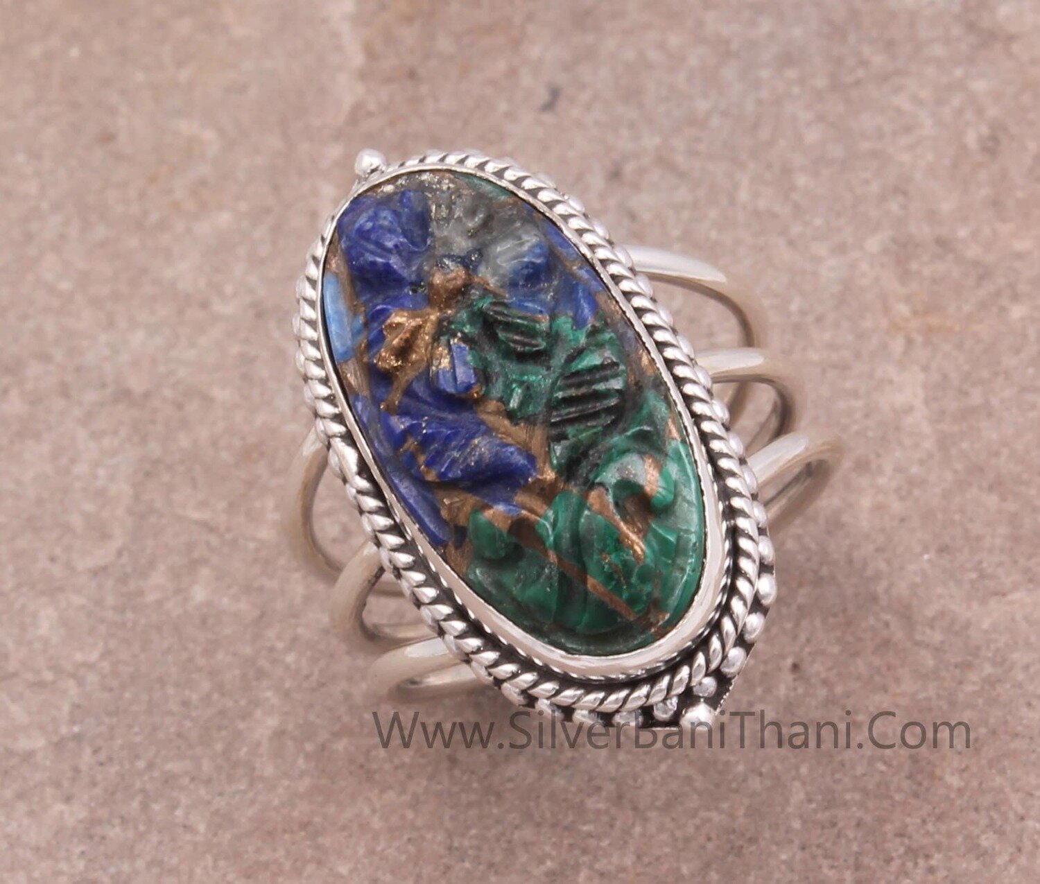 Lapis lazuli &amp; Malachite Gemstone Silver Carved Leaves Ring | 925 Sterling Silver Oval Shape Gemstone Ring Handmade Jewelry GiftMother's Day