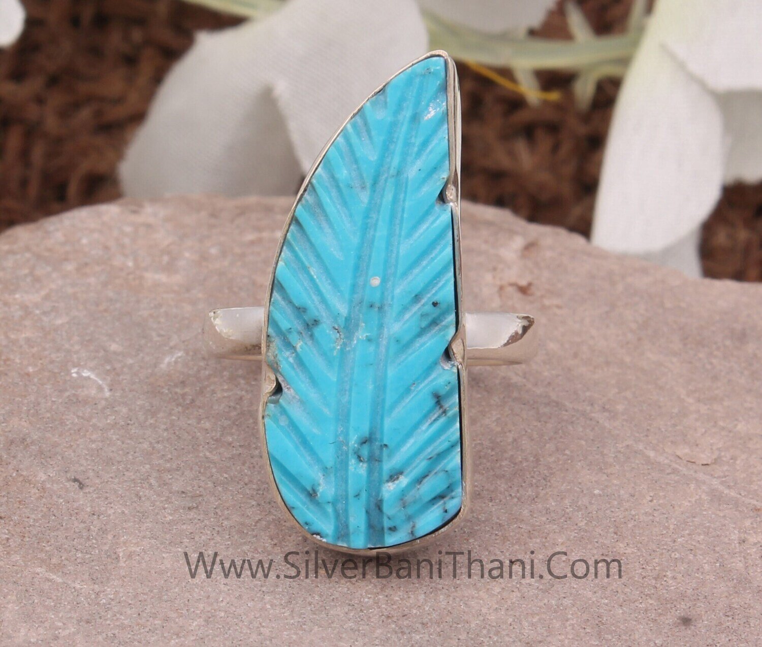 Engraved Turquoise Long Fancy Stone Solid 925 Sterling Silver Ring For Women | Handmade Feather Leaf Solid Silver Ring For Anniversary Gifts